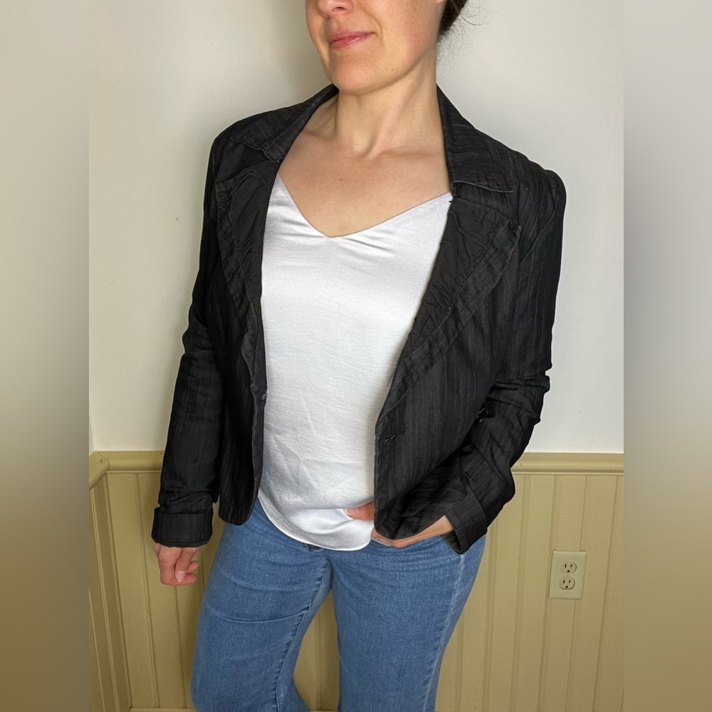 Industry PacSun Denim Jacket Gray Blazer Button Rouched Collar Women’s Large - Picture 3 of 9
